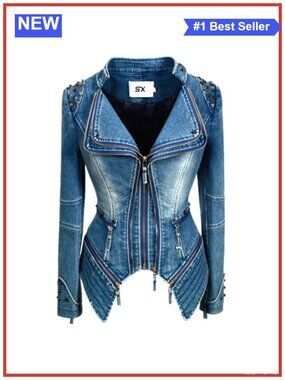 Rivet Faux Leather Moto Biker Jacket Double Zipper Denim Coat